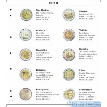 Farebný medzilist do albumov NUMIS na pamätné 2 Euro mince - 10 mincí na stranu - číslo 43 - 2018