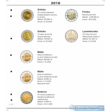 Farebný medzilist do albumov NUMIS na pamätné 2 Euro mince - 10 mincí na stranu - číslo 45 - 2018