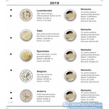 Farebný medzilist do albumov NUMIS na pamätné 2 Euro mince - 10 mincí na stranu - číslo 46 - 2019