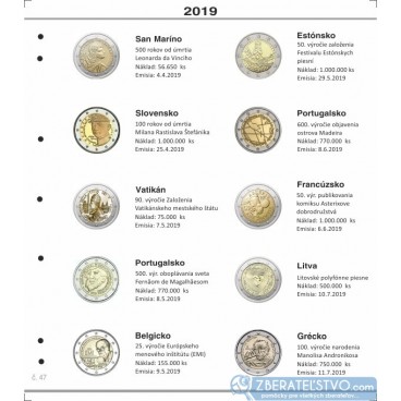 Farebný medzilist do albumov NUMIS na pamätné 2 Euro mince - 10 mincí na stranu - číslo 47 - 2019
