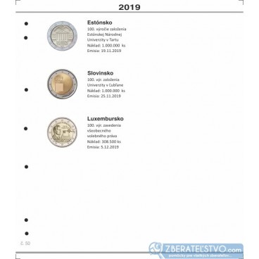 Farebný medzilist do albumov NUMIS na pamätné 2 Euro mince - 10 mincí na stranu - číslo 50 - 2019