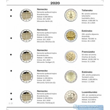 Farebný medzilist do albumov NUMIS na pamätné 2 Euro mince - 10 mincí na stranu - číslo 51 - 2020