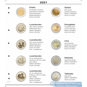 Farebný medzilist do albumov NUMIS na pamätné 2 Euro mince - 10 mincí na stranu - číslo 57 - 2021
