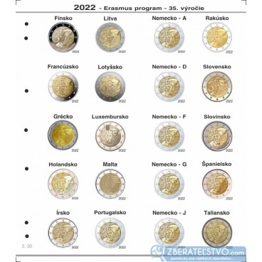 Farebný medzilist do albumov NUMIS na pamätné 2 Euro mince - 20 mincí na stranu - číslo 30 - 2022