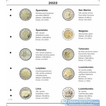 Farebný medzilist do albumov NUMIS na pamätné 2 Euro mince - 10 mincí na stranu - číslo 61 - 2022