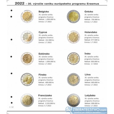 Farebný medzilist do albumov NUMIS na pamätné 2 Euro mince - 10 mincí na stranu - číslo 62 - 2022 - Erasmus