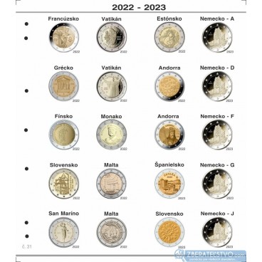 Farebný medzilist do albumov NUMIS na pamätné 2 Euro mince - 20 mincí na stranu - číslo 31 - 2022-2023
