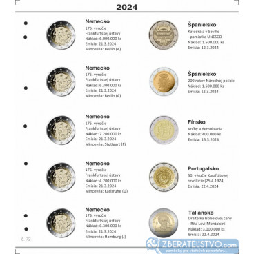 Farebný medzilist do albumov NUMIS na pamätné 2 Euro mince - 10 mincí na stranu - číslo 72 - 2024