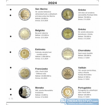 Farebný medzilist do albumov NUMIS na pamätné 2 Euro mince - 10 mincí na stranu - číslo 73 - 2024