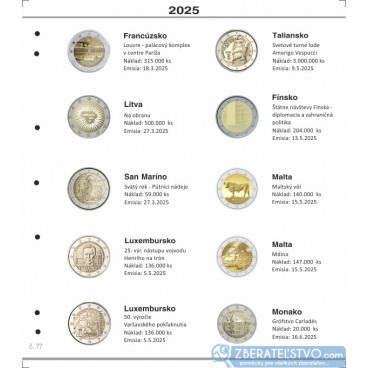 Farebn&yacute; medzilist do albumov NUMIS na pam&auml;tn&eacute; 2 Euro mince - 10 minc&iacute; na stranu - č&iacute;slo 77 - 2025