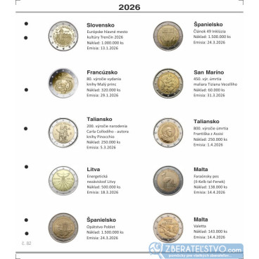 Farebn&yacute; medzilist do albumov NUMIS na pam&auml;tn&eacute; 2 Euro mince - 10 minc&iacute; na stranu - č&iacute;slo 82 - 2026