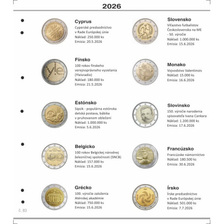 Farebný medzilist do albumov NUMIS na pamätné 2 Euro mince - 10 mincí na stranu - číslo 83 - 2026