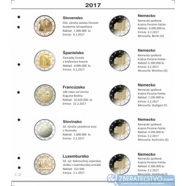 Farebný medzilist do albumov NUMIS na pamätné 2 Euro mince - 10 mincí na stranu - číslo 37 - 2017