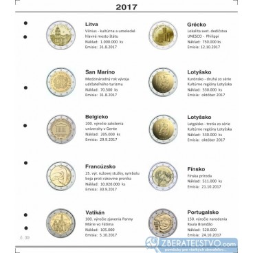 Farebný medzilist do albumov NUMIS na pamätné 2 Euro mince - 10 mincí na stranu - číslo 39 - 2017