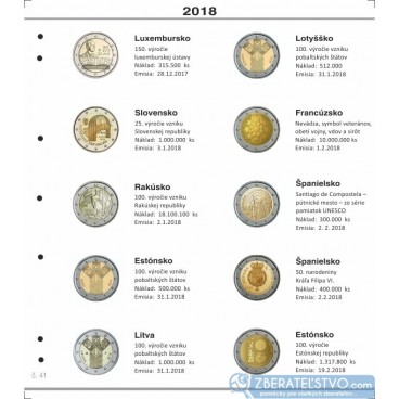 Farebný medzilist do albumov NUMIS na pamätné 2 Euro mince - 10 mincí na stranu - číslo 41 - 2018